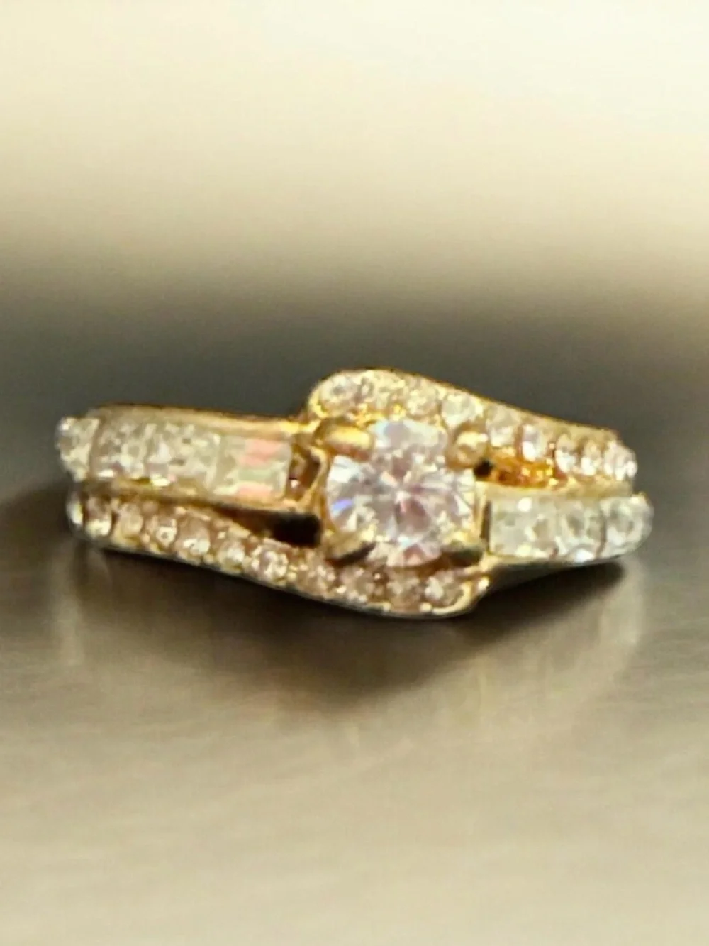 Gold Tone Crystal Halo Engagement Ring - White Crystal Accent Size 6 1017